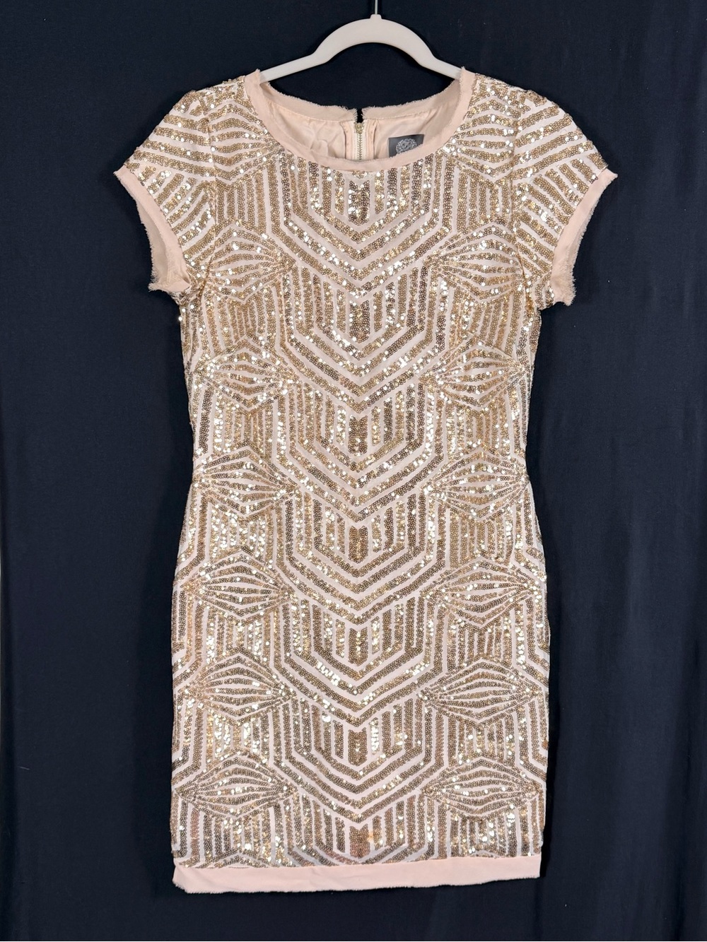 Vince Camuto Blush Cream & Gold Sequin Geometric Mini Dress retro 20’s NYEve